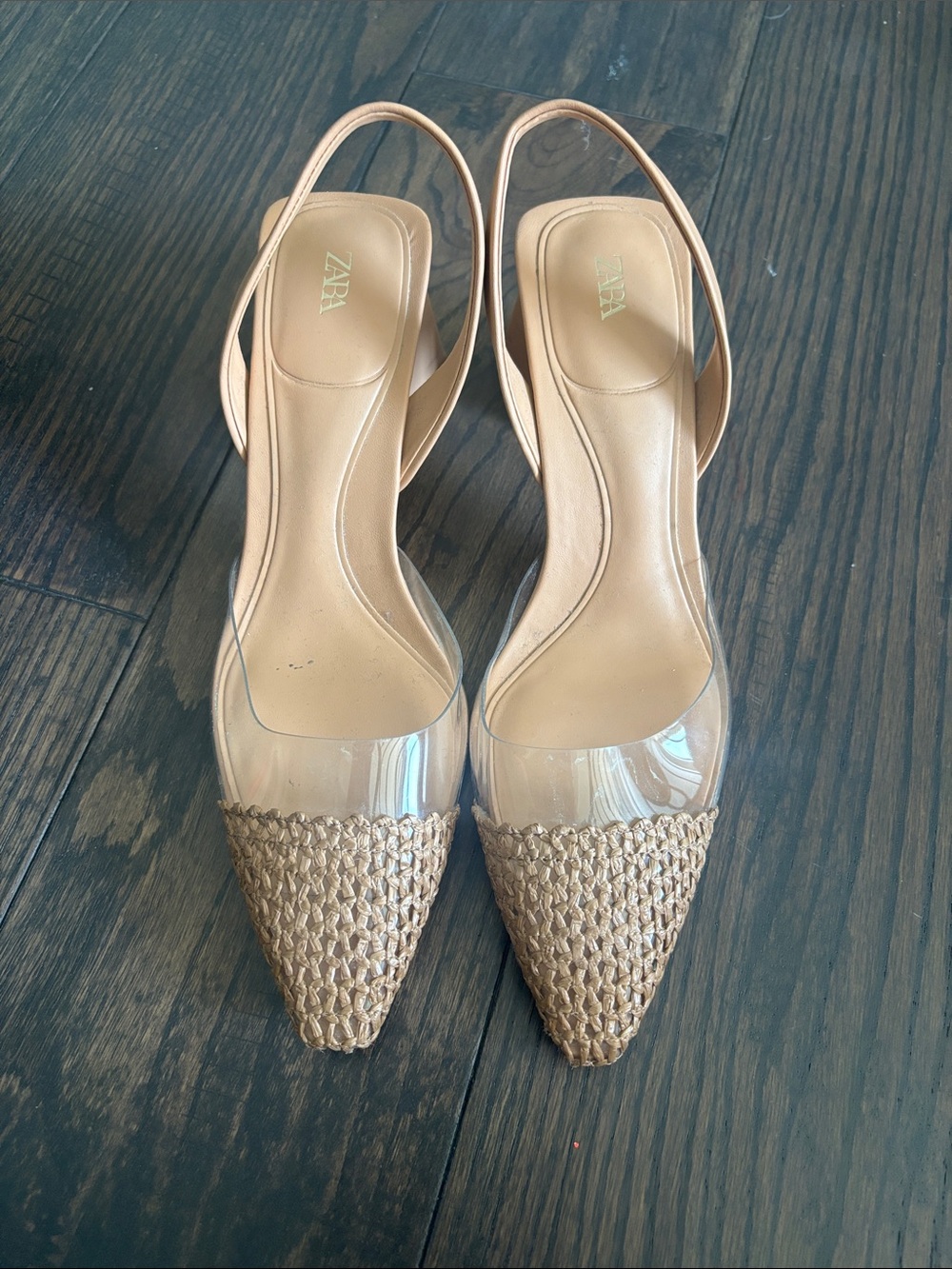 ZARA Beige Clear Slingback Pointed Flats with Woven Toe